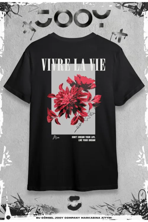 Vivre La Vie Baskılı Siyah Oversize Tshirt