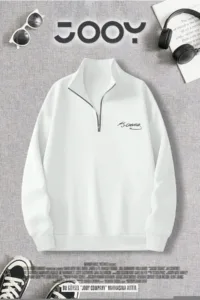 Yarım Fermuarlı Atatürk İmza Baskılı Beyaz Sweatshirt-alttext1