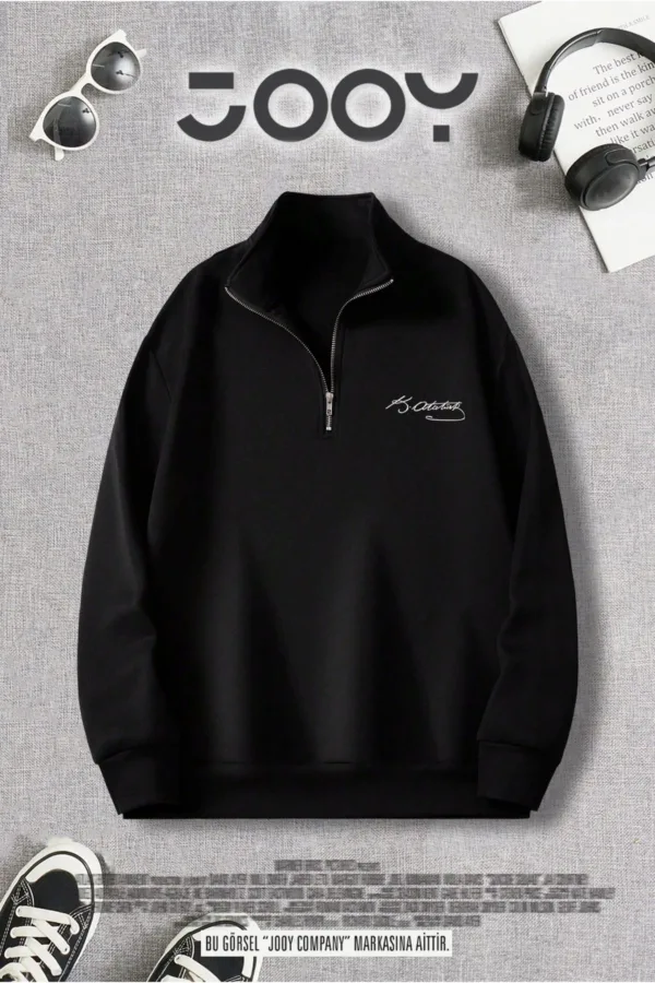 Yarım Fermuarlı Atatürk İmza Baskılı Siyah Sweatshirt - L-alttext1
