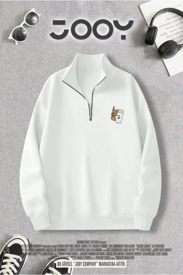 Yarım Fermuarlı Bardak Baskılı Beyaz Sweatshirt - S-alttext1
