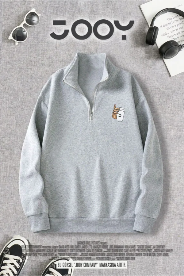 Yarım Fermuarlı Bardak Baskılı Gri Sweatshirt - S-alttext1