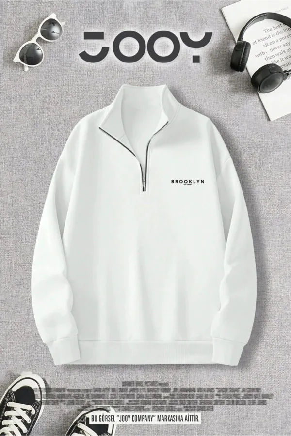 Yarım Fermuarlı Brooklyn Baskılı Beyaz Sweatshirt - XL-alttext1