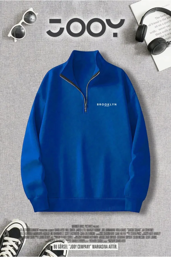 Yarım Fermuarlı Brooklyn Baskılı Saks Mavi Sweatshirt - M-alttext1