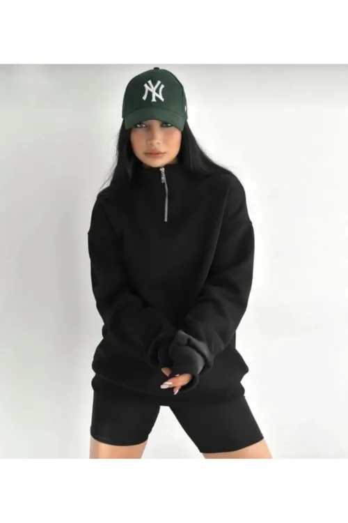Yarım Fermuarlı Dik Yaka Siyah Sweatshirt