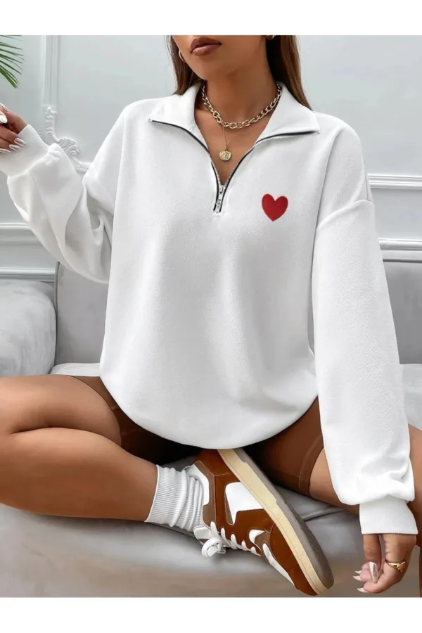 Yarım Fermuarlı Kalp Baskılı Beyaz Kadın Sweatshirt - XL-alttext1