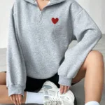 Yarım Fermuarlı Kalp Baskılı Gri Kadın Sweatshirt - M-alttext1
