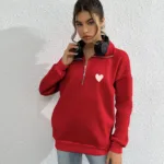 Yarım Fermuarlı Kalp Baskılı Kırmızı Kadın Sweatshirt - S-alttext1