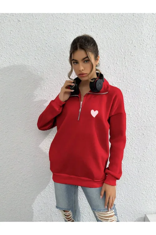 Yarım Fermuarlı Kalp Baskılı Kırmızı Kadın Sweatshirt