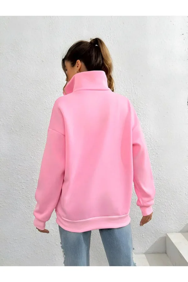 Yarım Fermuarlı Kalp Baskılı Pembe Sweatshirt - M-alttext2