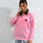 Yarım Fermuarlı Kalp Baskılı Pembe Sweatshirt - M-alttext1