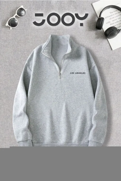 Yarım Fermuarlı Los Angeles Baskılı Gri Sweatshirt
