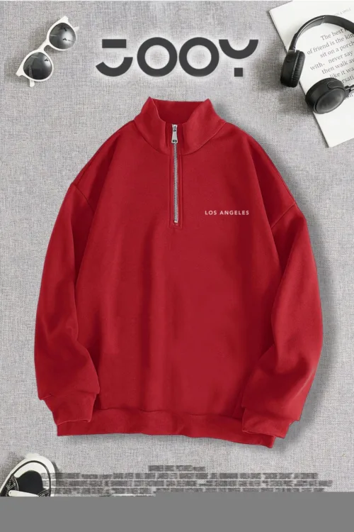 Yarım Fermuarlı Los Angeles Baskılı Kırmızı Sweatshirt
