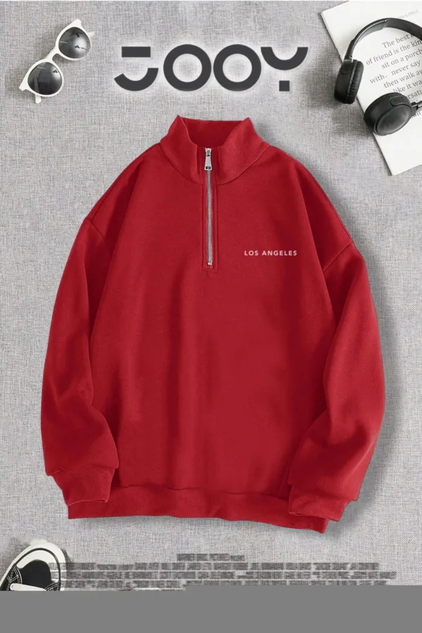Yarım Fermuarlı Los Angeles Baskılı Kırmızı Sweatshirt - L-alttext1