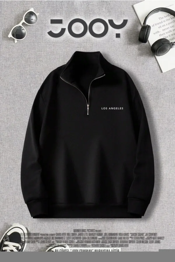 Yarım Fermuarlı Los Angeles Baskılı Siyah Sweatshirt - S-alttext1