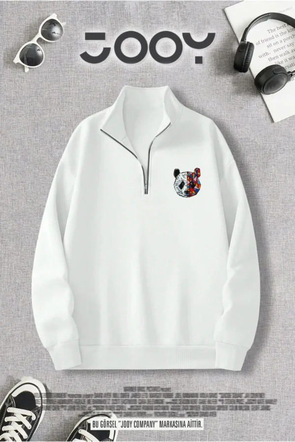 Yarım Fermuarlı Stay True Tokyo Panda Tasarım Baskılı Beyaz Sweatshirt - S-alttext1