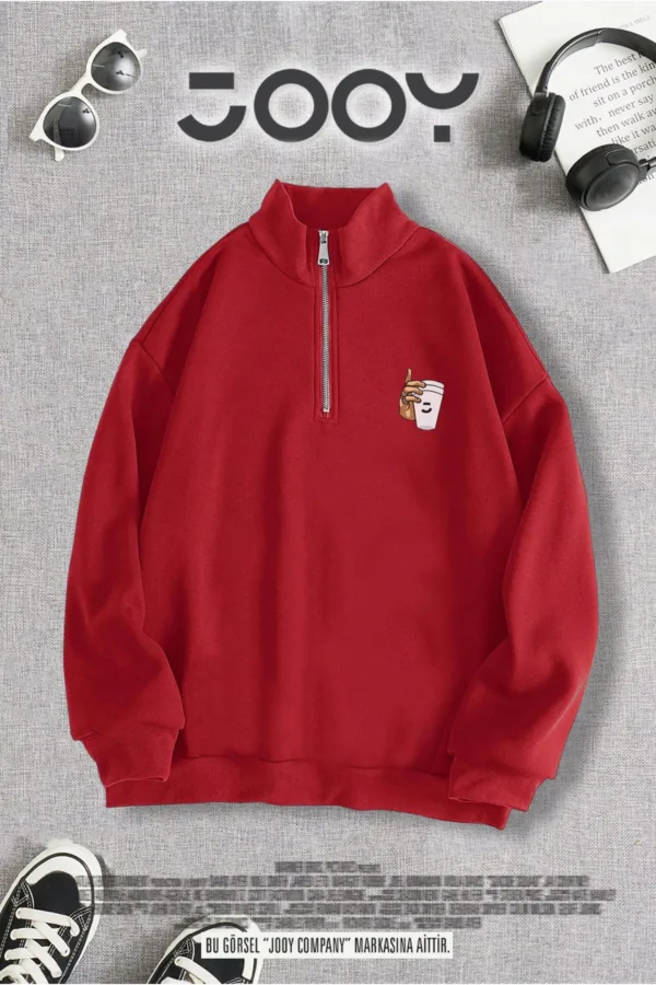 Yarım Fermuarlı Stay True Tokyo Panda Tasarım Baskılı Kırmızı Sweatshirt - L-alttext1