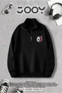 Yarım Fermuarlı Stay True Tokyo Panda Tasarım Baskılı Siyah Sweatshirt-alttext1