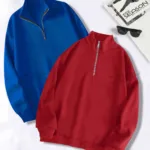 Yarım Fermuarlı Sweatshirt Kırmızı - Saks Mavi 2'li Kampanya Set - L-alttext1