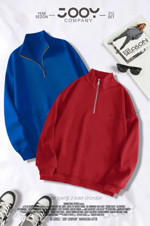 Yarım Fermuarlı Sweatshirt Kırmızı – Saks Mavi 2’li Kampanya Set
