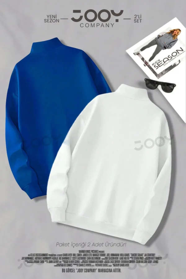 Yarım Fermuarlı Sweatshirt Saks Mavi - Beyaz 2'li Kampanya Set - M-alttext2