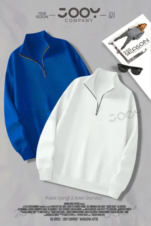 Yarım Fermuarlı Sweatshirt Saks Mavi – Beyaz 2’li Kampanya Set
