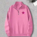 Yarım Fermuarlı Yıldız Baskılı Pembe Kadın Sweatshirt - XL-alttext1