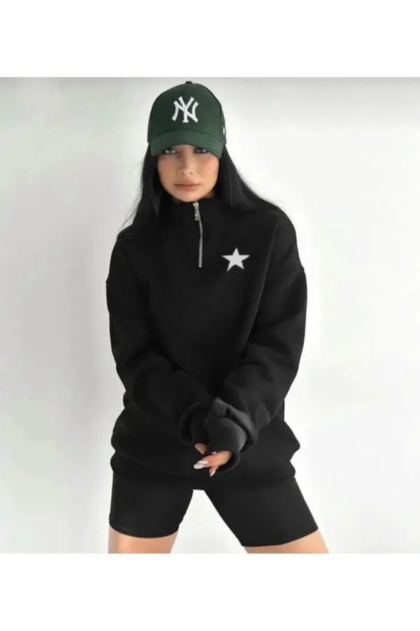 Yarım Fermuarlı Yıldız Baskılı Siyah Kadın Sweatshirt - S-alttext1