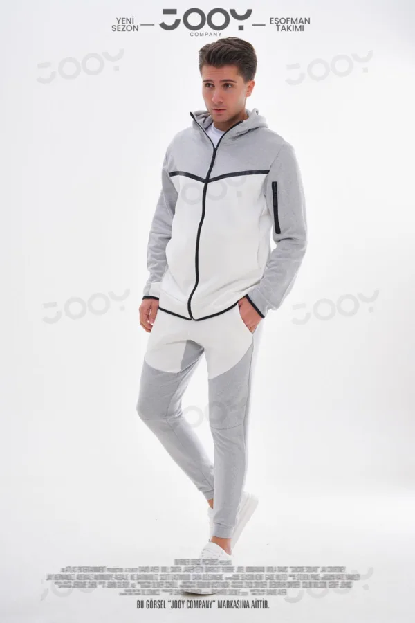 Yeni Sezon Tech Fleece Gri Beyaz Erkek Spor Eşofman Takımı - Tshirt Hediyeli Ürün - L-alttext3
