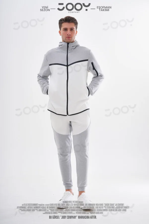 Yeni Sezon Tech Fleece Gri Beyaz Erkek Spor Eşofman Takımı - Tshirt Hediyeli Ürün - L-alttext1