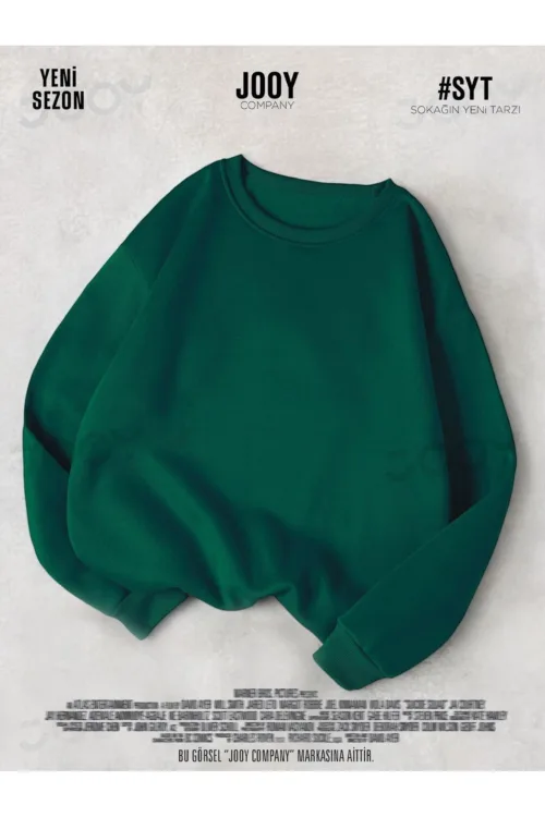 Yeşil 3 iplik Bisiklet Yaka Düz Baskısız Basic Sweatshirt