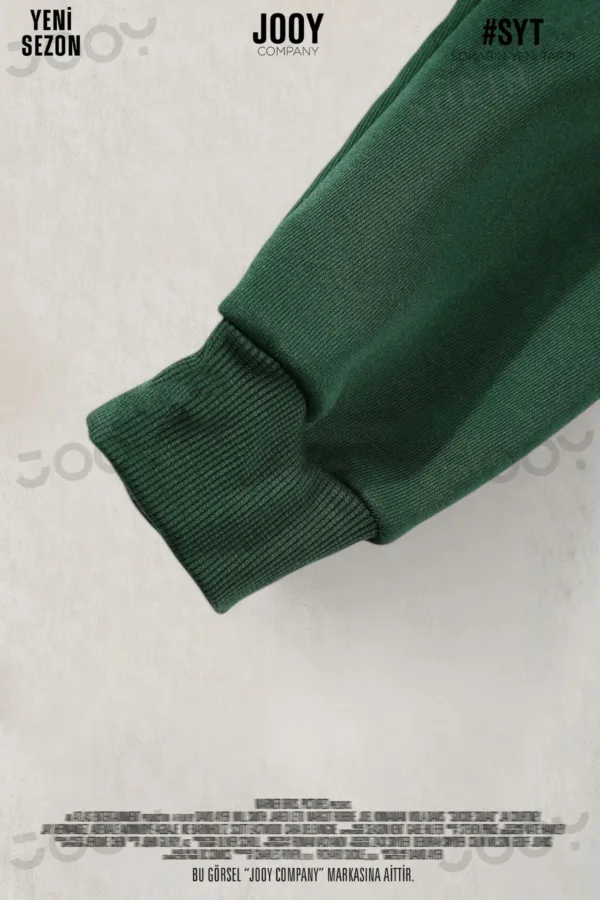 Yeşil Düz Baskısız Kalın Şardonlu 3 İplik Kapüşonlu Sweatshirt - S-alttext3