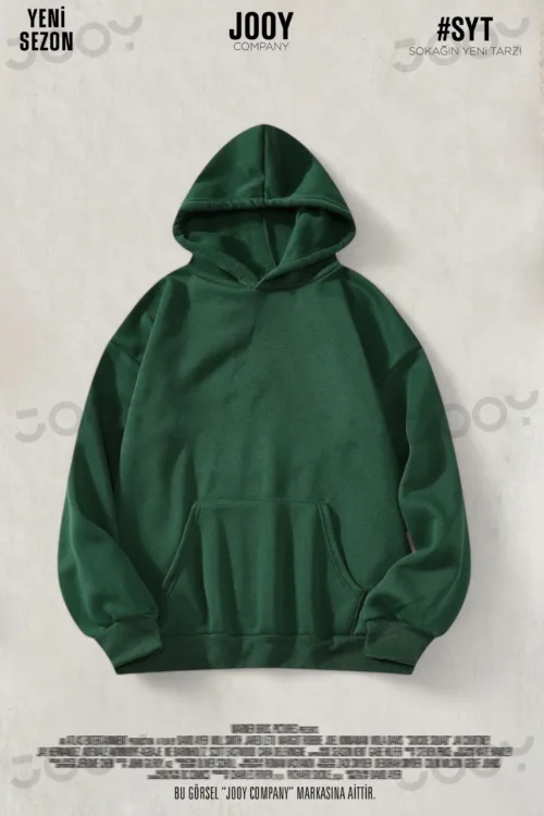 Yeşil Düz Baskısız Kalın Şardonlu 3 İplik Kapüşonlu Sweatshirt