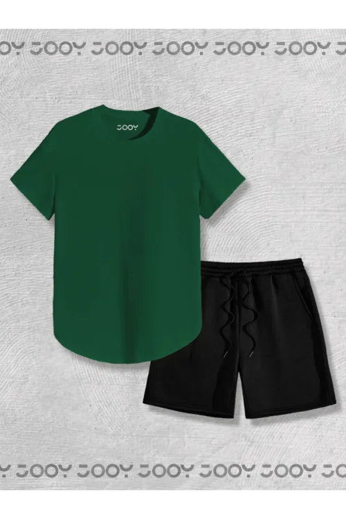 Yeşil Oval Kesim Tshirt – Siyah Penye Şort 2’li Takım