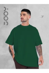 Yeşil Oversize Geniş Kalıp Düz Baskısız Basic Tshirt-alttext1