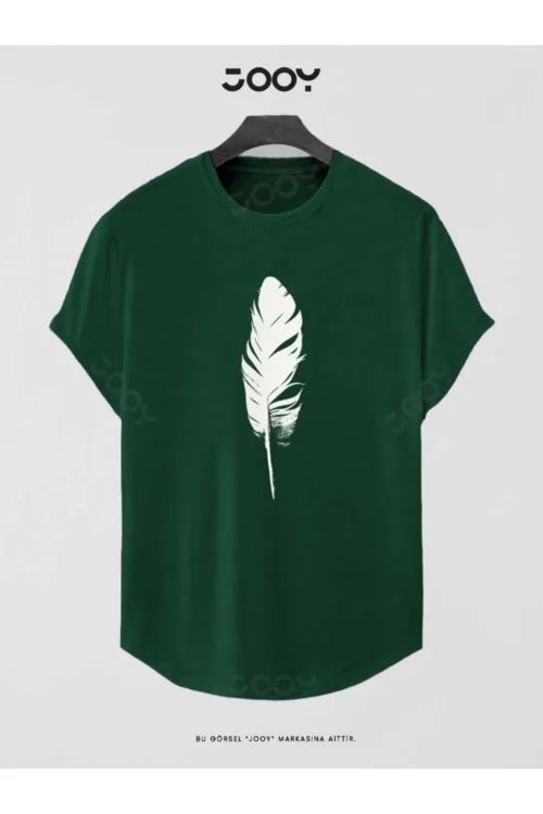 Yeşil Tüy Baskılı Oval Kesim Slim Fit T-Shirt