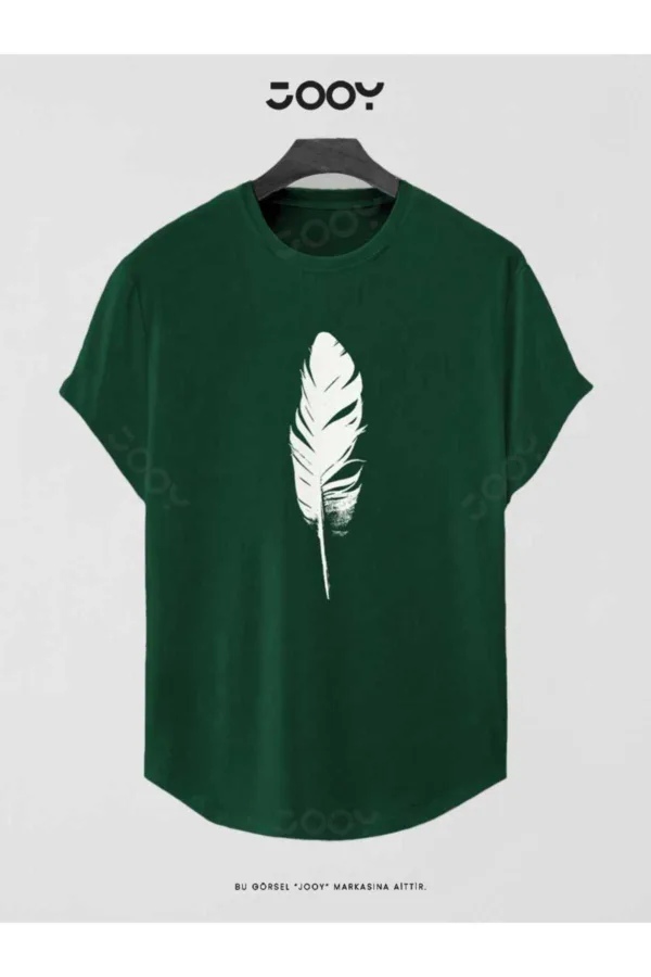 Yeşil Tüy Baskılı Oval Kesim Slim Fit T-Shirt - S-alttext1