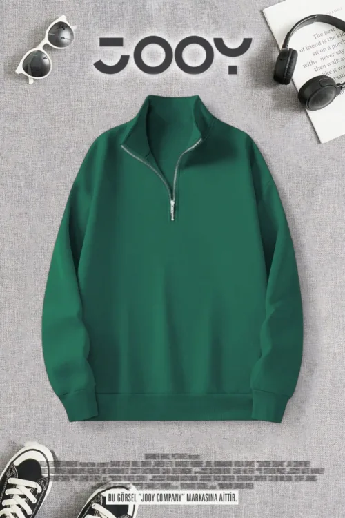 Yeşil Yarım Fermuarlı 3 Iplik Sweatshirt
