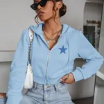 Yıldız Baskılı Bebe Mavi 3 iplik Kapüşonlu Crop Hırka Ceket-alttext1