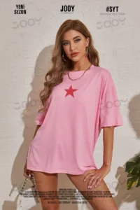 Yıldız Baskılı Pembe Oversize Tshirt-alttext1