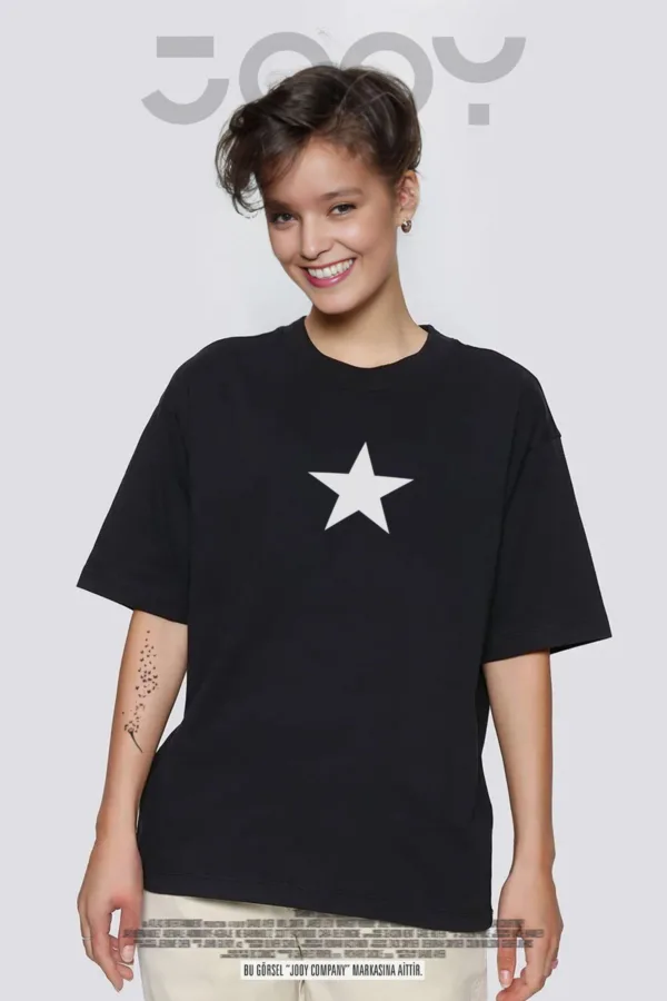 Yıldız Baskılı Siyah Oversize Tshirt - S-alttext1