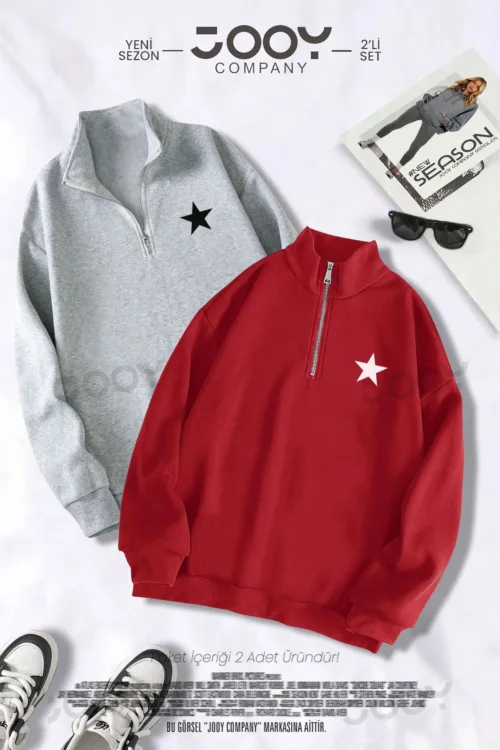 Yıldız Baskılı Yarım Fermuarlı Sweatshirt Kırmızı – Gri 2’li Kampanya Set