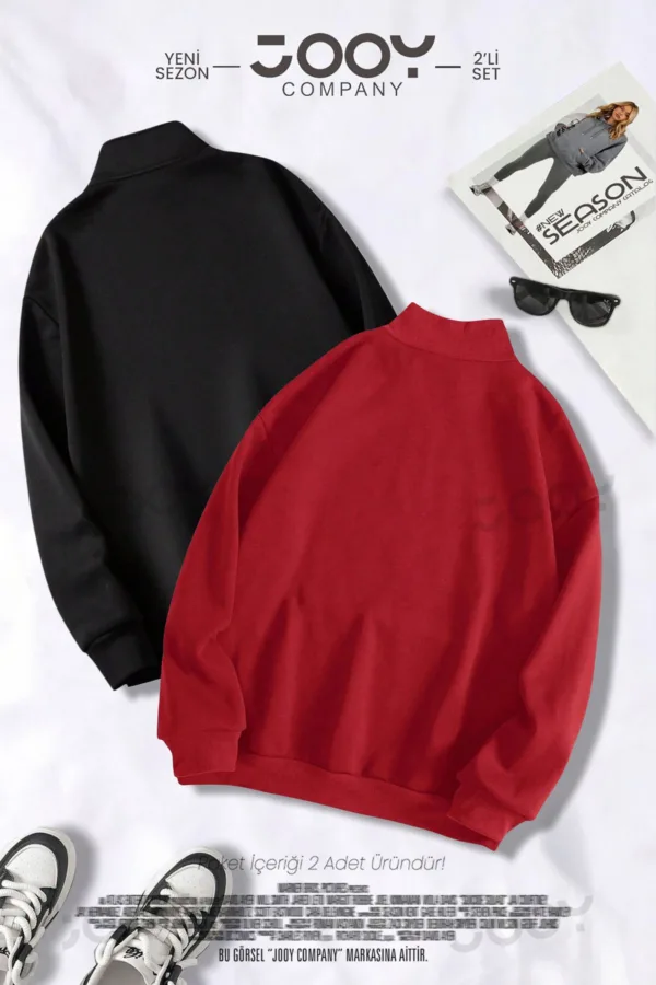 Yıldız Baskılı Yarım Fermuarlı Sweatshirt Kırmızı - Siyah 2'li Kampanya Set - M-alttext2