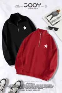 Yıldız Baskılı Yarım Fermuarlı Sweatshirt Kırmızı - Siyah 2'li Kampanya Set-alttext1