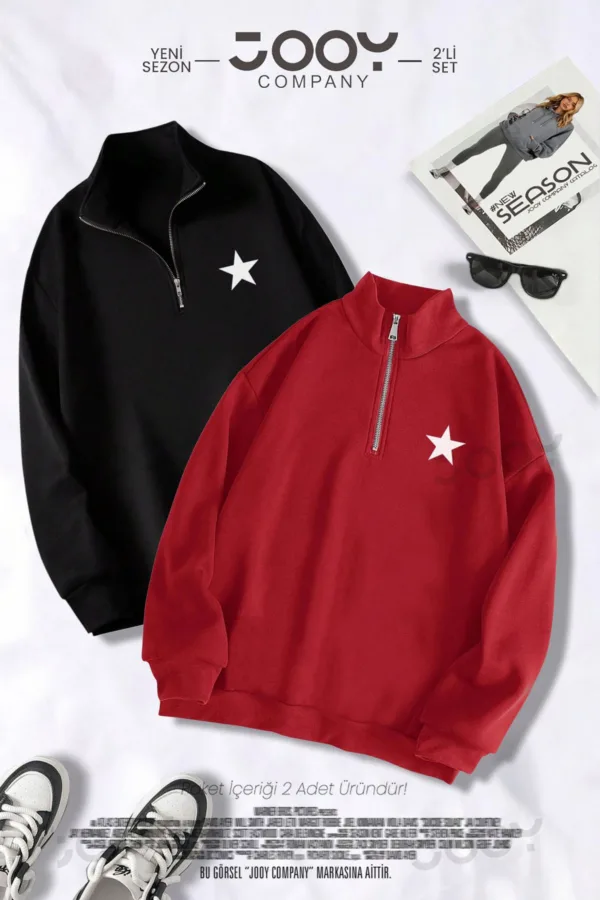 Yıldız Baskılı Yarım Fermuarlı Sweatshirt Kırmızı - Siyah 2'li Kampanya Set - M-alttext1