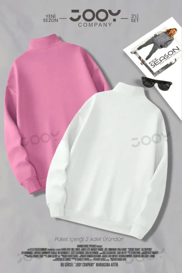 Yıldız Baskılı Yarım Fermuarlı Sweatshirt Pembe - Beyaz 2'li Kampanya Set - XL-alttext2
