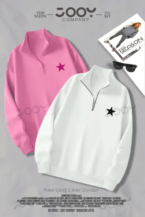 Yıldız Baskılı Yarım Fermuarlı Sweatshirt Pembe – Beyaz 2’li Kampanya Set