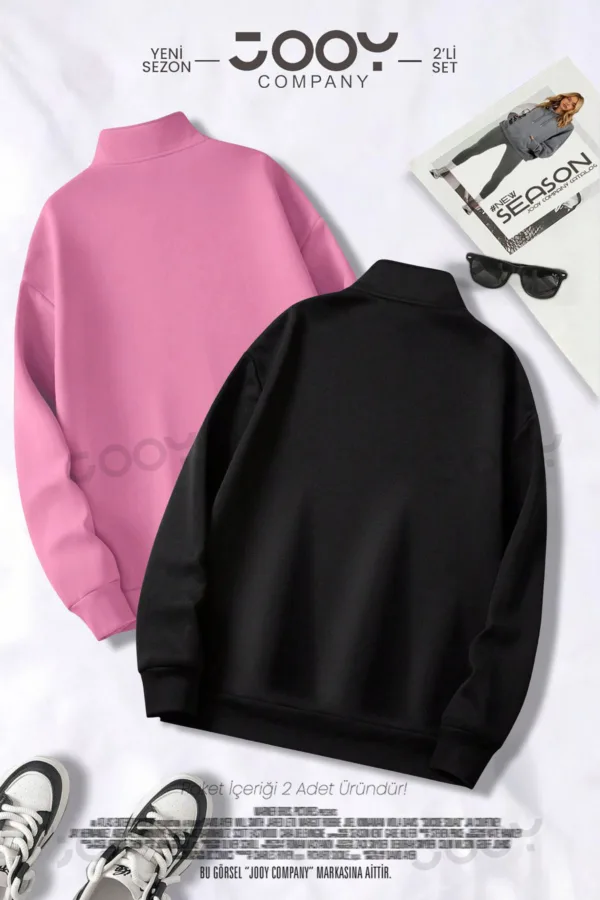 Yıldız Baskılı Yarım Fermuarlı Sweatshirt Pembe - Siyah 2'li Kampanya Set - XL-alttext2