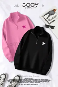 Yıldız Baskılı Yarım Fermuarlı Sweatshirt Pembe - Siyah 2'li Kampanya Set-alttext1