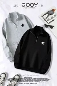 Yıldız Baskılı Yarım Fermuarlı Sweatshirt Siyah - Gri 2'li Kampanya Set-alttext1