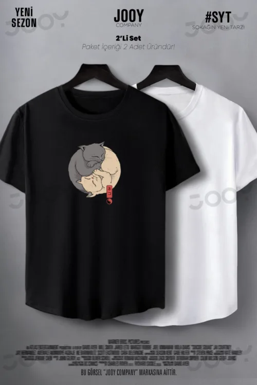 Yin Yang Kedi Baskılı Siyah Beyaz Oval Kesim Slim Fit Tshirt 2’li Set